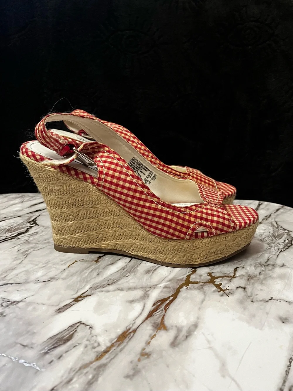 American Eagle Outfitters Red Gingham Espadrille Wedge Sandals